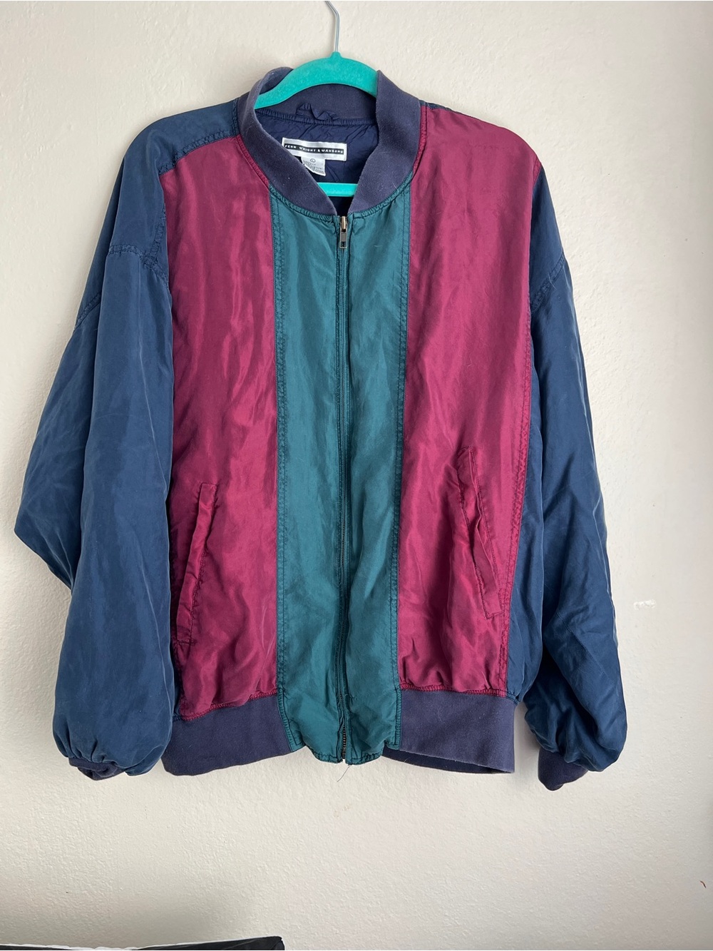 Vintage silk Colorblock Bomber Jacket - Navy, Burgundy & Teal L
